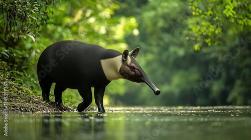 Rare bairds tapir strolling along a rainforest riverbank its elongated snout curiously sniffing the humid air