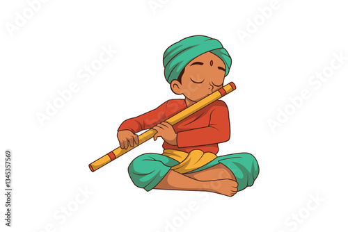 Indian Kids Characters Playing Flute