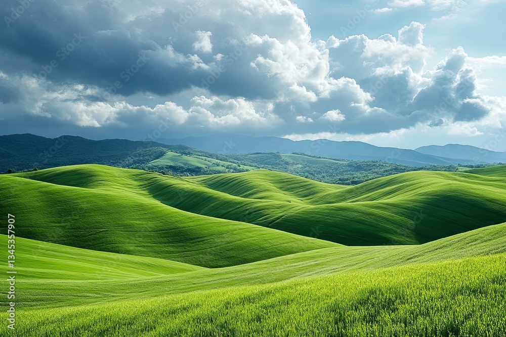 Fototapeta premium Rolling green hills under a cloudy sky on a bright day