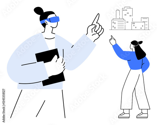Two individuals wearing VR goggles engage with virtual building models. One holds a tablet, pointing to interact. Ideal for VR learning, architecture, innovation, education, technology
