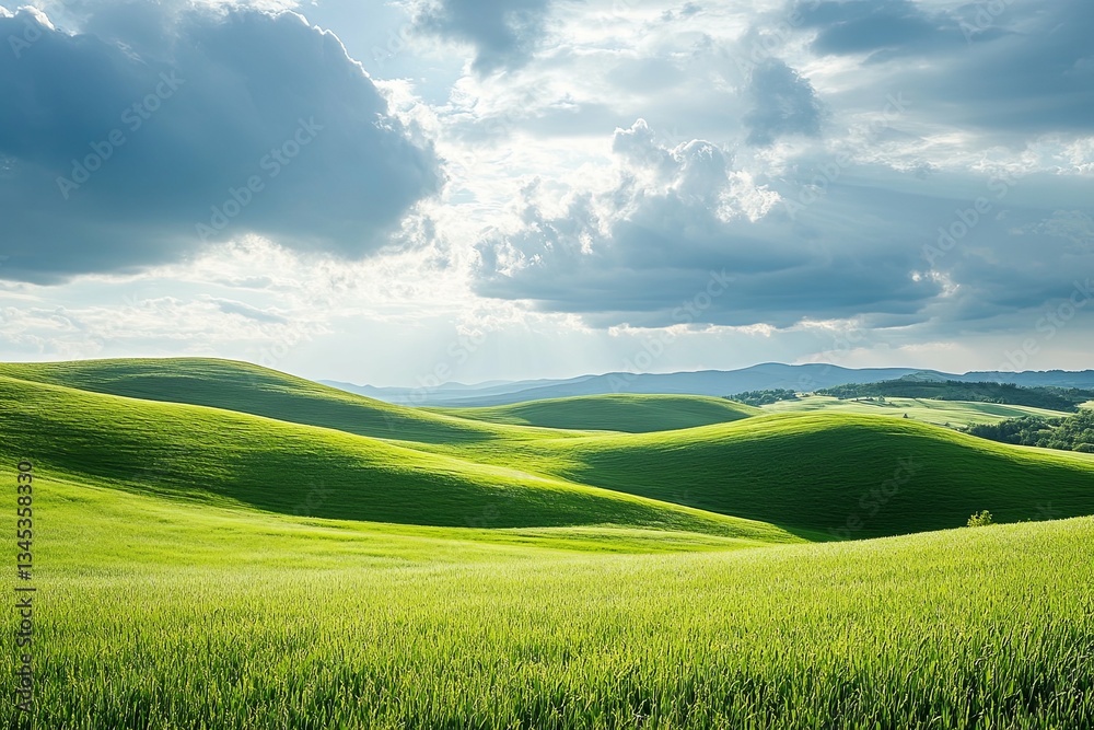 Obraz premium Rolling hills of green grassy landscape under a cloudy sky