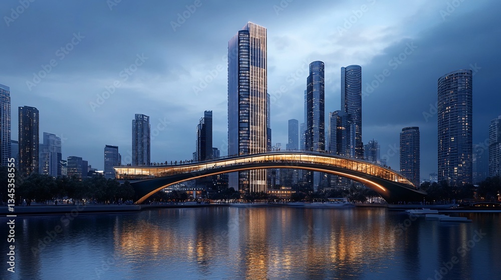 Naklejka premium Futuristic urban landscape with illuminated bridge and skyscraper reflections