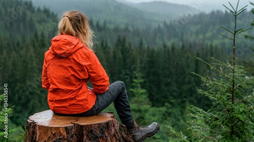 Fototapeta Naklejka Na Ścianę i Meble -  Person in orange rain jacket sitting on tree stump overlooking forested landscape