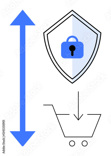 Shield with lock icon, shopping cart with down arrow, vertical blue arrow. Ideal for security, protection, cybersecurity, online shopping, e-commerce safety digital transactions. Abstract line flat