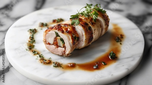 Elegant presentation of stuffed chicken roulade with herb sauce on marble plate