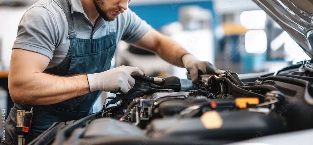 Male mechanic fixing car engine in a workshop. Male mechanic fixing car engine in a workshop.