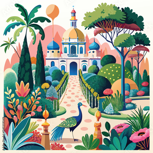 Victorian Garden Oasis with Majestic Peacock and Mediterranean Architecture