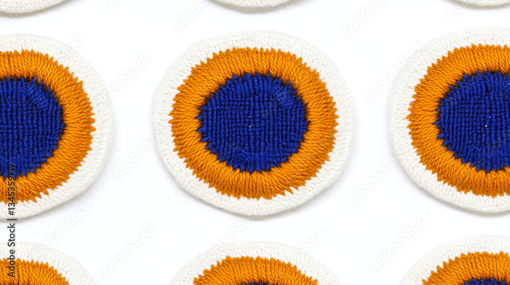 Fototapeta premium Circular embroidered patches with blue centers and orange borders on white background. pattern is repetitive and evenly spaced, creating visually appealing design