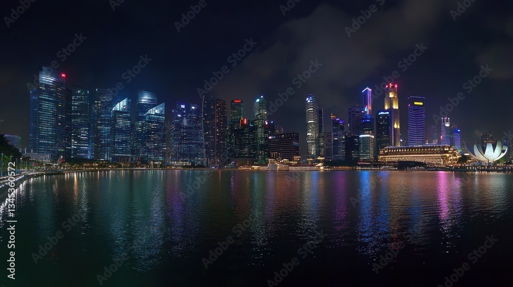 Fototapeta premium Illuminated City Skyline Reflects In Calm Water At Night