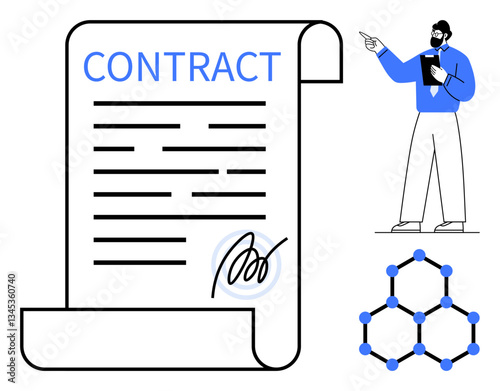 Contract scroll with signature, man pointing with documents, molecular structure. Ideal for legal, business, science, agreement, innovation, research collaboration flat simple metaphor