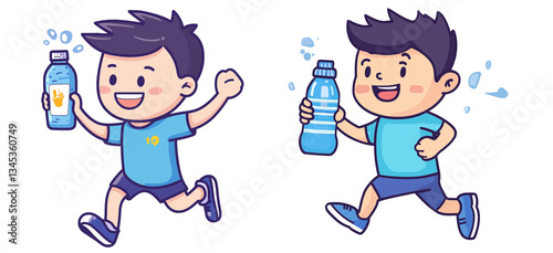 Illustrations of two happy boys running with water bottles in their hands, wearing blue T-shirts and black shorts on a transparent background
