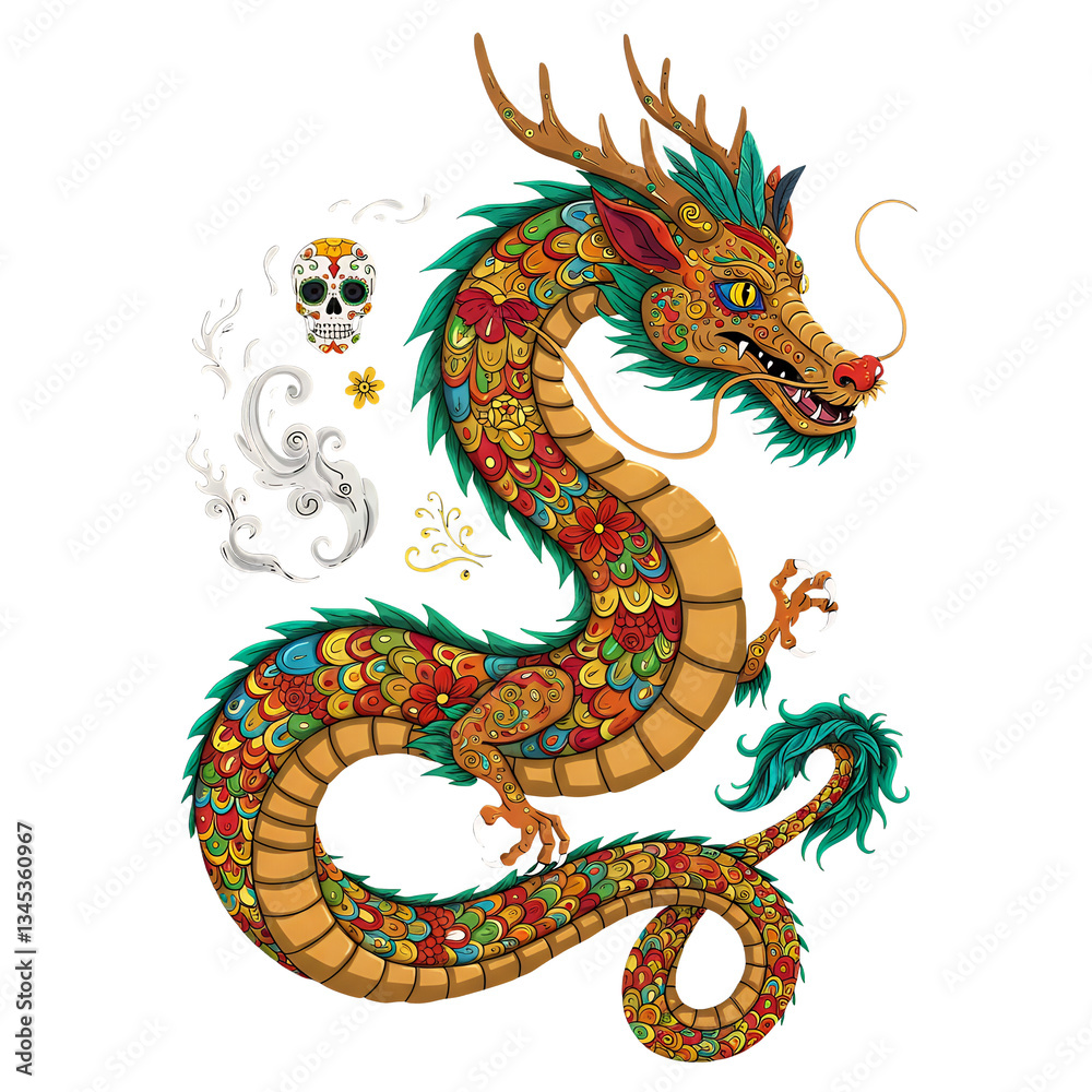 Fototapeta premium Colorful, Ornate Dragon with Decorative Elements isolated on white or transparent png background