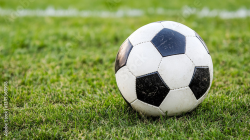 classic black and white soccer ball rests on lush green grass field, ready for play. vibrant grass and iconic ball design evoke sense of excitement and anticipation for game