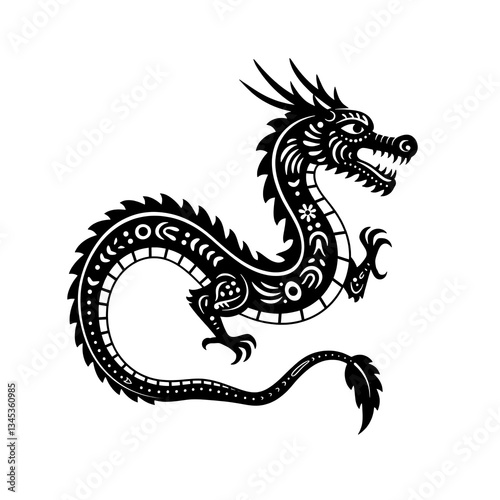 Ornate Black and White Dragon Silhouette Design isolated on white or transparent png background