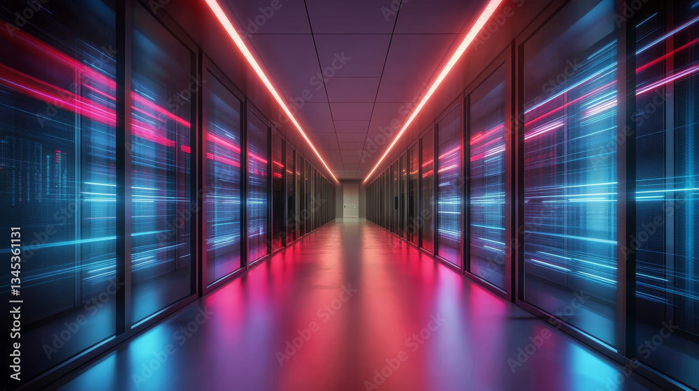 Obraz premium futuristic data center hallway with glowing red and blue lights reflecting on floor, creating high tech and dynamic atmosphere