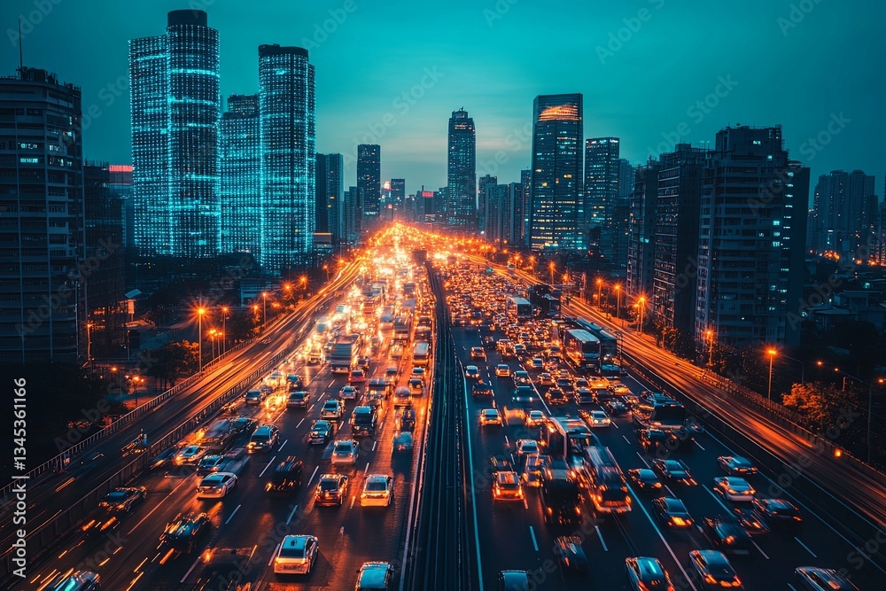 Obraz premium City traffic flowing along a large highway at night time