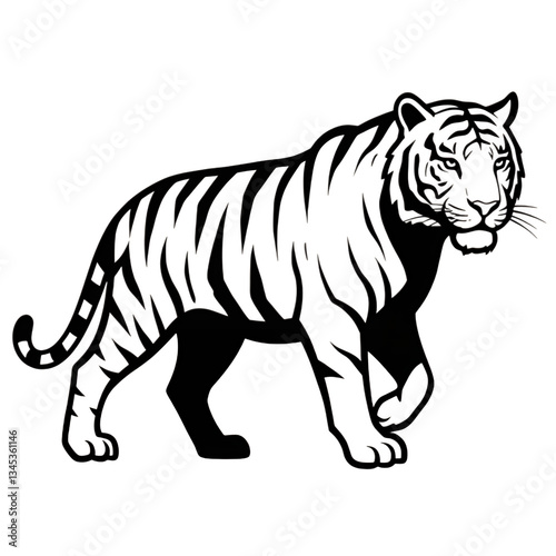 Powerful Tiger Silhouette in Bold Line Art Style isolated on white or transparent png background