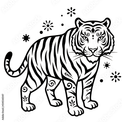 Intricate Black and White Tiger Design with Decorative Elements isolated on white or transparent png background