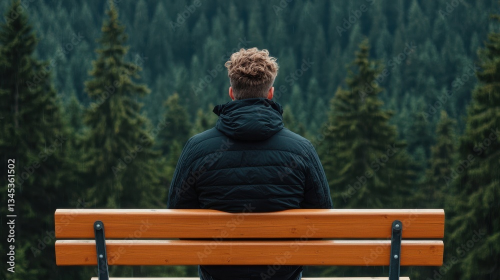 Fototapeta premium Person in dark hooded jacket sitting on wooden bench in dense evergreen forest