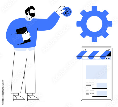 Man holding a dollar coin next to a gear and online storefront. Ideal for online shopping, business strategy, digital investment, system optimization, technology, entrepreneurship, flat simple