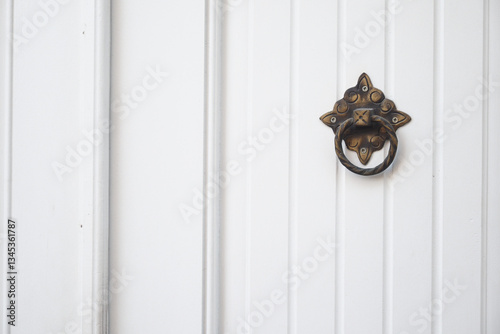 Decorative brass door knocker on a white wooden door