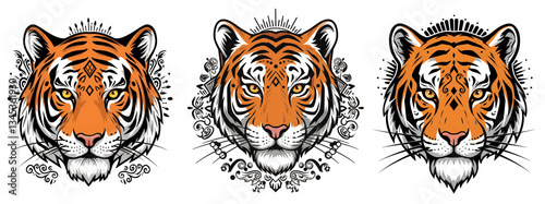 Three Tiger Portraits with Intricate Tribal Designs isolated on white or transparent png background