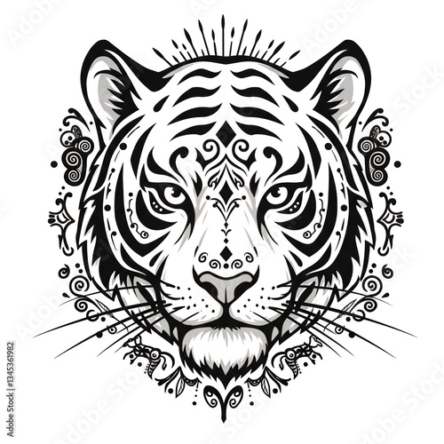 Intricate Tiger Face Design with Tribal Ornamentation isolated on white or transparent png background