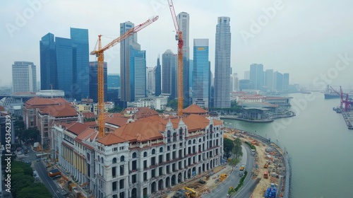 Singapore Skyline: Aerial View of Modern and Historic Architecture Under Construction