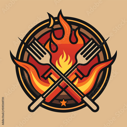 Vintage Barbecue Grill with Fork and Flickering Flames in the Background