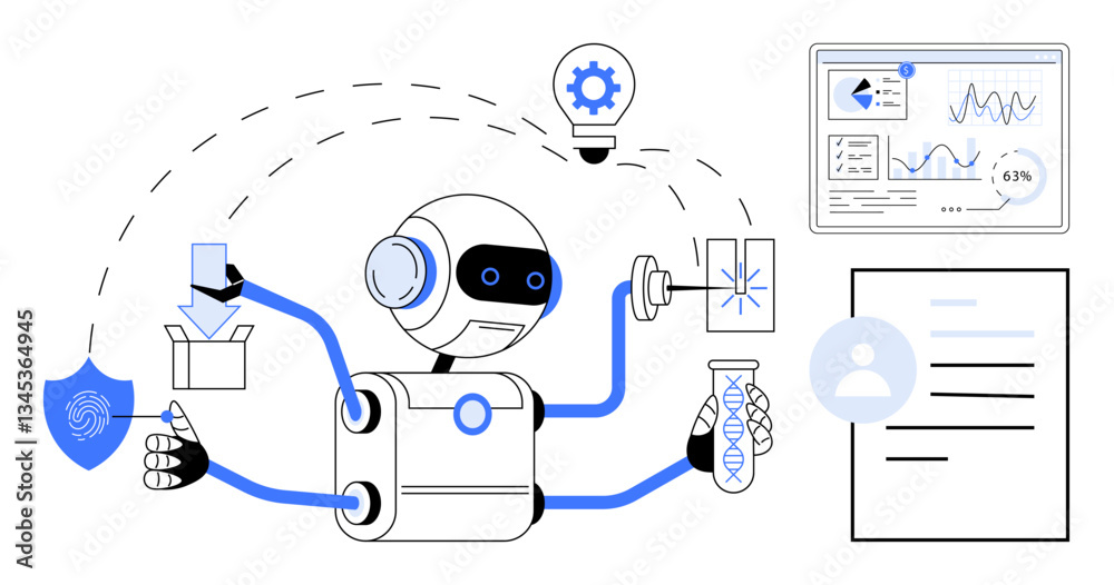 custom made wallpaper toronto digitalRobot with multiple arms handling tasks thumbs up report processing, package handling, biometrics, experiment, and data analysis. Ideal for technology, AI, automation, innovation efficiency