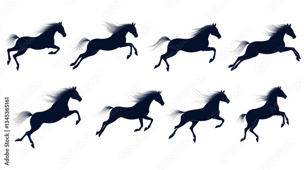 Naklejka premium Silhouettes of Horses in Motion, White Background