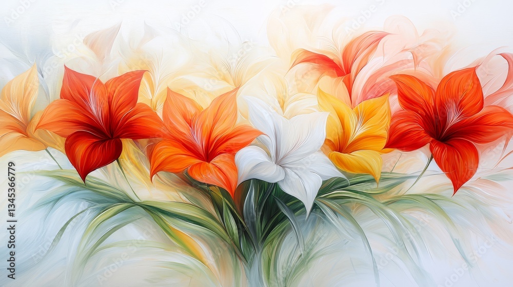 Obraz premium Exquisite floral painting on white background, a vibrant celebration of nature's beauty