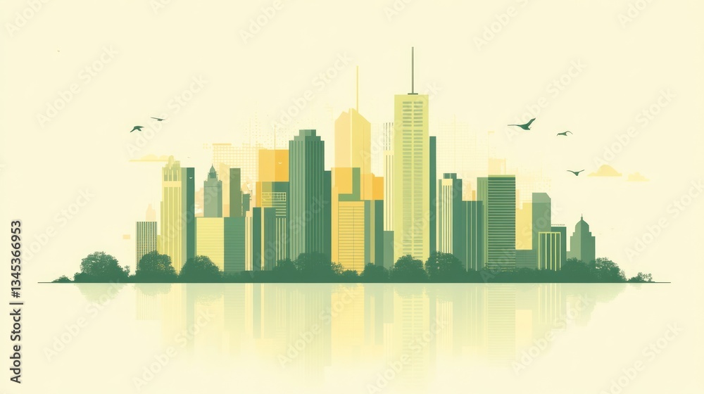 Fototapeta premium Modern city skyline, sunrise, calm atmosphere, graphic design, for stock