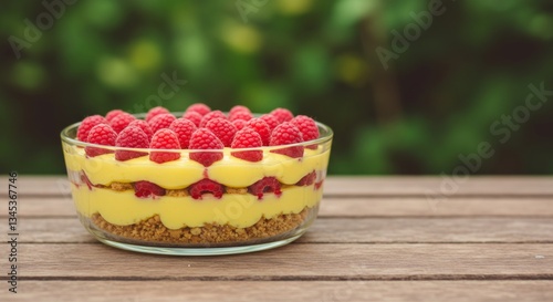 Raspberry trifle dessert in glass bowl on wooden table. Summer fruit treat with layers of custard and crumbs. Fresh sweet snack for picnic or outdoor party