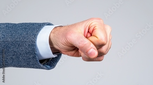 Clenched Fist of a Man in Blue Blazer Against Gray Background