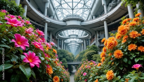 Fototapeta Naklejka Na Ścianę i Meble -  Vibrant tropical flowers intertwine with sleek metallic structures of a futuristic space station, creating a stunning contrast between nature and technology.