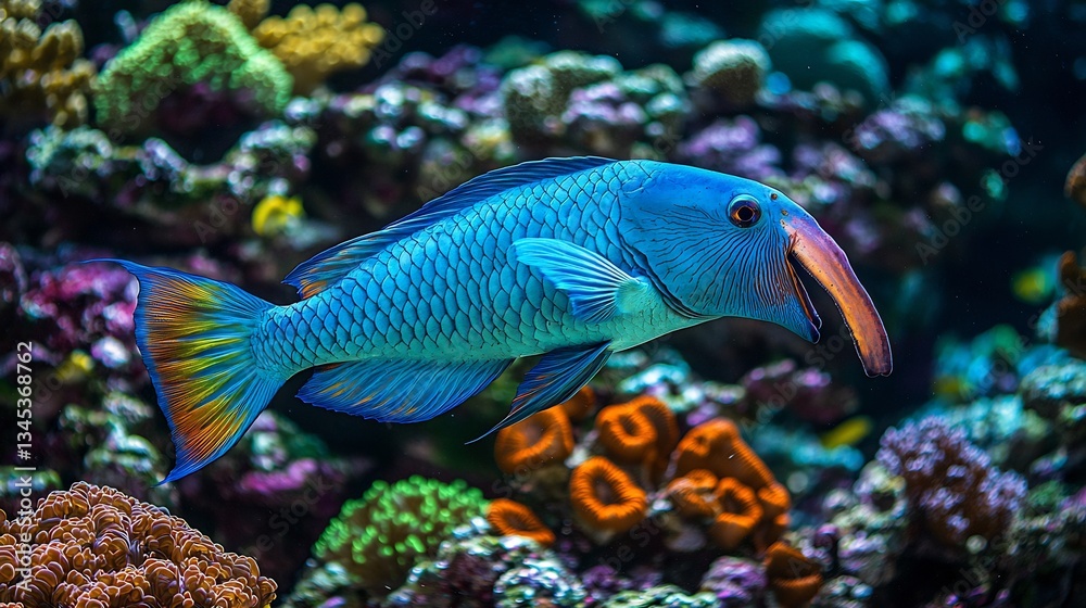Obraz premium Rare Blue Parrotfish swimming over a vibrant coral reef its beak like mouth carving through the hard coral formations