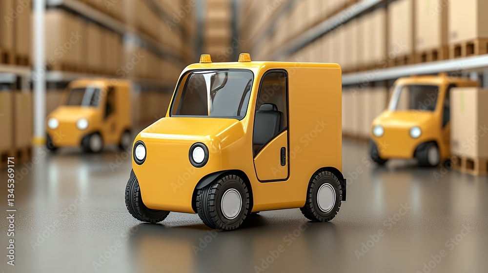 Fototapeta premium Three Yellow Delivery Vehicles in Warehouse Setting