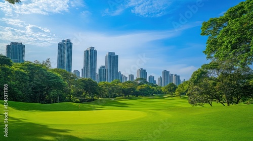 Cityscape parkland golf course, sunny day, urban greenery, tranquil scene, suitable for relaxation, educational materials, and design inspiration
