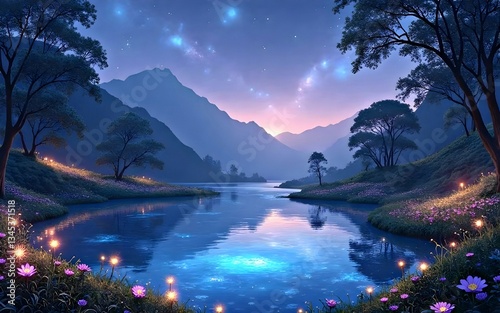 A magical hidden valley with a glowing lake surrounded by luminescent flowers, floating fireflies, and an ethereal sky full of shimmering constellations.