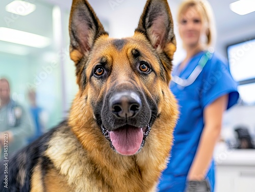 Within the sterile environment of a professional K9 unit clinic, a dedicated veterinarian meticulously performs a thorough check-up on a vigilant police dog, ensuring its optimal health and