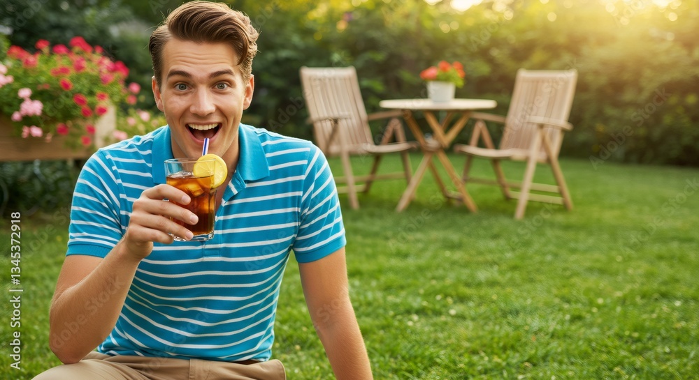 Fototapeta premium Happy man enjoying refreshing drink in sunny backyard. Summer outdoor relaxation and entertainment. Father's day barbecue party concept with copy space