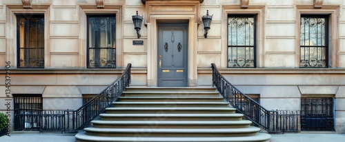 A classic building exterior featuring a grand doorway and staircase