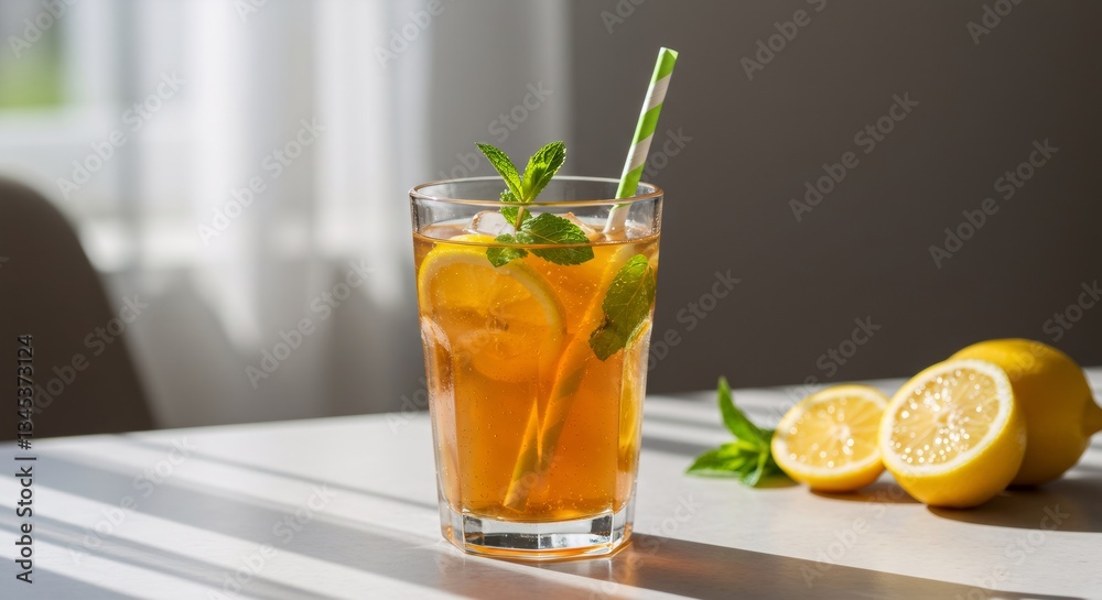 Fototapeta premium Refreshing iced tea with lemon and mint in glass on sunny table. Summer drink recipe. Homemade lemonade for hot days. Citrus beverage with copy space