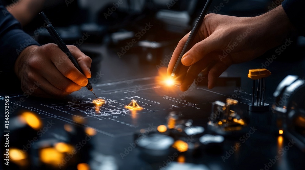 Circuit Board Innovation: The image captures the meticulous work of engineers or technicians collaborating over a detailed circuit board plan. It shows their focused approach. Circuit Board Innovation: The image captures the meticulous work of engineers or technicians collaborating over a detailed circuit board plan. It shows their focused approach.