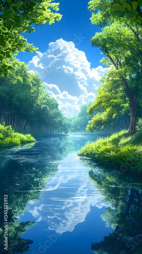 Serene Landscape with a Tranquil River Reflecting Towering Trees in a Lush Forest Under a Clear Blue Sky