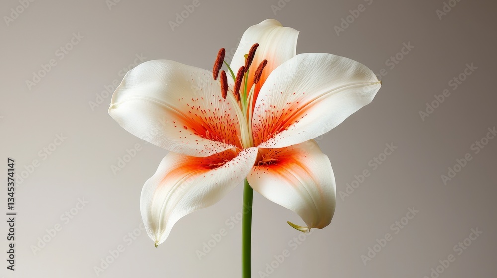 Obraz premium Exquisite Lily: A macro shot showcasing a stunning white and orange lily, petals delicately curved with intricate details and a sense of purity.