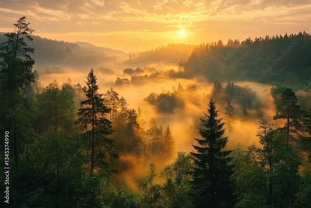 Fototapeta premium A beautiful landscape scene filled with trees and morning fog