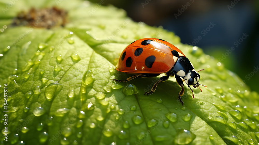 Fototapeta premium A ladybug is sitting on a leaf that is wet