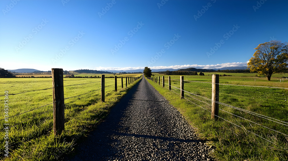 Gravel Path Through Green Fields Under A Clear Blue Sky With Wooden Fence Posts on A Sunny Day Gravel Path Through Green Fields Under A Clear Blue Sky With Wooden Fence Posts on A Sunny Day